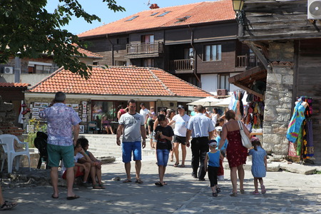 NESEBAR, BULGARIA - AUGUST 29: People visit Old Town on August 29, 2014 in Nesebar, Bulgaria. Nesebar in 1956 was declared as museum city, archaeological and architectural reservation by UNESCO.のeditorial素材