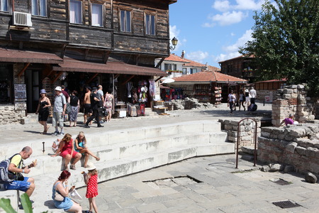 NESEBAR, BULGARIA - AUGUST 29: People visit Old Town on August 29, 2014 in Nesebar, Bulgaria. Nesebar in 1956 was declared as museum city, archaeological and architectural reservation by UNESCO.のeditorial素材