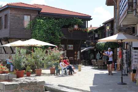 NESEBAR, BULGARIA - AUGUST 29: People visit Old Town on August 29, 2014 in Nesebar, Bulgaria. Nesebar in 1956 was declared as museum city, archaeological and architectural reservation by UNESCO.のeditorial素材