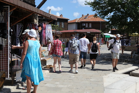 NESEBAR, BULGARIA - AUGUST 29: People visit Old Town on August 29, 2014 in Nesebar, Bulgaria. Nesebar in 1956 was declared as museum city, archaeological and architectural reservation by UNESCO.のeditorial素材