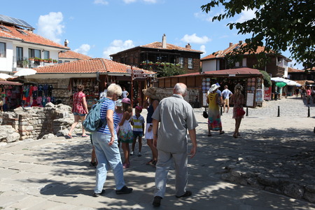 NESEBAR, BULGARIA - AUGUST 29: People visit Old Town on August 29, 2014 in Nesebar, Bulgaria. Nesebar in 1956 was declared as museum city, archaeological and architectural reservation by UNESCO.のeditorial素材