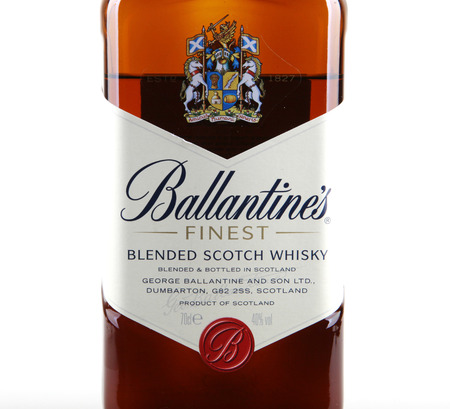AYTOS, BULGARIA - DECEMBER 29, 2014: Bottle of Ballantine's Finest old scotch whiskey. Ballantine's is a range of blended Scotch whiskies produced by Pernod Ricard in Dumbarton, Scotland.のeditorial素材