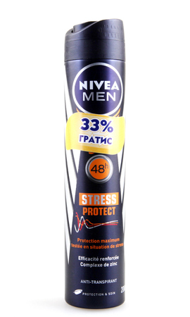 AYTOS, BULGARIA - JULY 29, 2015: Nivea Men Stress Protect deodorant. Nivea is a global skin- and body-care brand that is owned by the Hamburg based company Beiersdorf AG.のeditorial素材