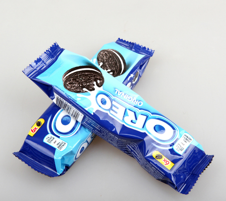 AYTOS, BULGARIA - OCTOBER 04, 2015: Oreo isolated on white background. Oreo is a sandwich cookie consisting of two chocolate disks with a sweet cream filling in between.のeditorial素材