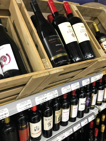 Pomorie, Bulgaria - May 30, 2018: Wine bottles in wine shop.のeditorial素材