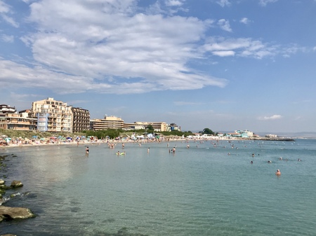 Pomorie, Bulgaria - July 05, 2018: People at the beach.のeditorial素材