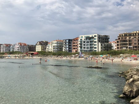 Pomorie, Bulgaria - July 05, 2018: People at the beach.のeditorial素材
