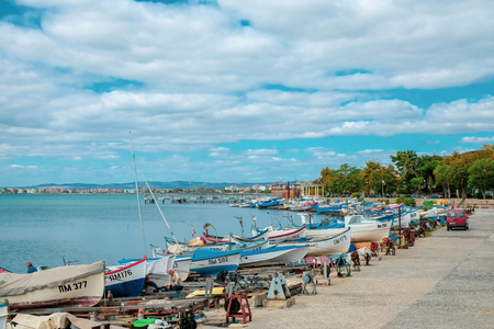 Pomorie, Bulgaria - October 07, 2018: Fishing boats at the city port.のeditorial素材