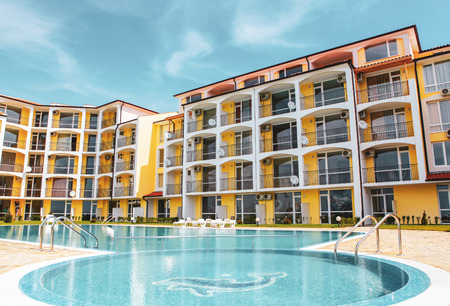 Ravda, Bulgaria - April 26, 2011: Attractive hotel near the beach.のeditorial素材