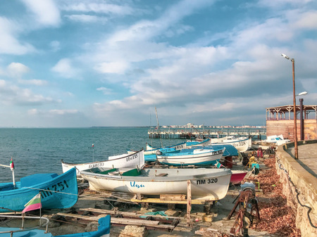 Pomorie, Bulgaria - Januari 01, 2019: Fishing Boats At The City Port.