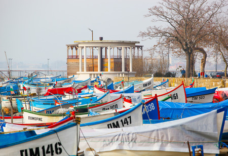 Pomorie, Bulgaria - Januari 23, 2019: Fishing Boats At The City Port.のeditorial素材