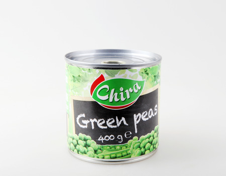 Pomorie, Bulgaria - April 26, 2019: Green Peas "Chira", 400 g.のeditorial素材