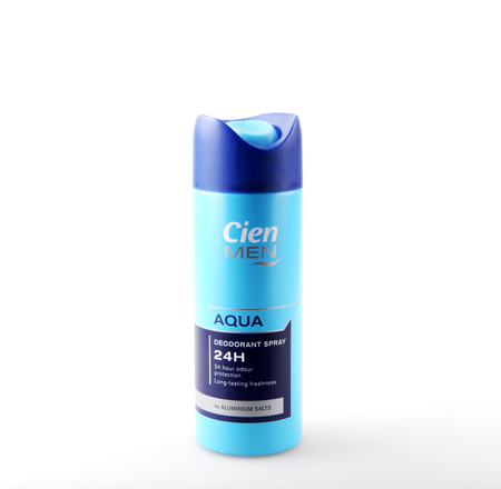 Pomorie, Bulgaria - July 06, 2019: Cien Men Aqua Deodorant Spray Isolated On Whiteのeditorial素材