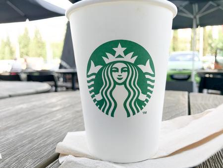 Burgas, Bulgaria - September 12, 2019: Coffee Cup Logo Starbucks.のeditorial素材