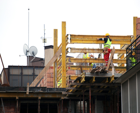 Pomorie, Bulgaria - October 16, 2019: New Construction Site. Workers Build A Home.のeditorial素材