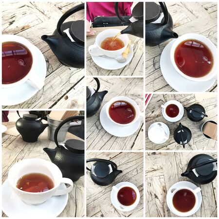 Teapot Pouring Drink In Cup On Table. Pouring Tea British Style. Kettle Pouring Tea In Cup.の写真素材