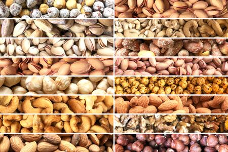 Collage Of Photos With Healthy Organic Mixed Nuts. Collection Of Healthy Fresh Food Backgrounds.の写真素材