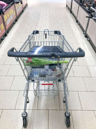 Pomorie, Bulgaria - March 04, 2020: Shopping cart in city supermarket.のeditorial素材