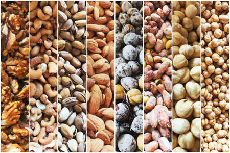 Group Of Nuts As Background. Walnuts, Cashew, Pistachio, Almonds, Hazelnuts, Peanuts And Chickpeas.の写真素材