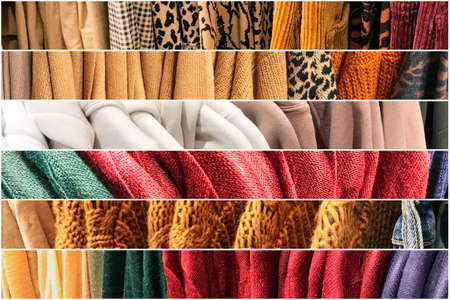 Different types of winter sweaters for sale at a nearby storeの写真素材