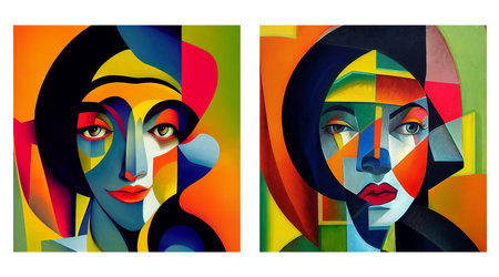 Set of two color images of abstract female portrait, rich color background, cubist artworkの写真素材