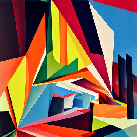 An eclectic artwork, colorful background, cubism art style. Painting, mixed media.