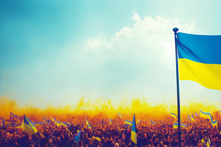 The flag of Ukraine consists of equally sized horizontal bands of blue and yellowの写真素材