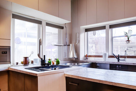 image of beautiful kitchen in new luxury homeの写真素材