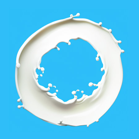 Milk splash isolated on light blue backgroundの写真素材