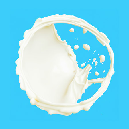Milk splash isolated on light blue backgroundの写真素材
