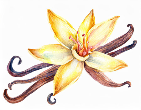Vanilla Bean And Flower Isolated On White Background. Generative Watercolor Techniqueの写真素材