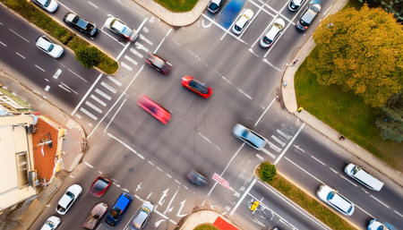 Congestion at an intersection during rush hour, aerial view, blurred motion of moving cars