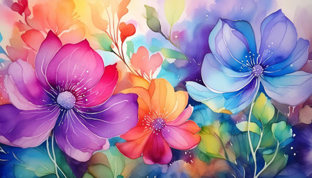 Watercolor Rhapsody: Flowers in Full Bloomの写真素材