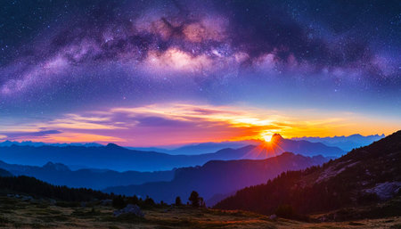 Galaxy's Embrace: Mountains Bathed in Sunset Lightの写真素材