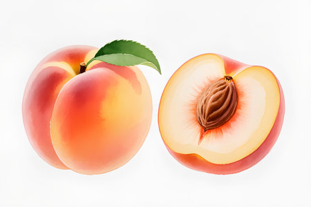 watercolor illustration of isolated peaches with leavesの素材