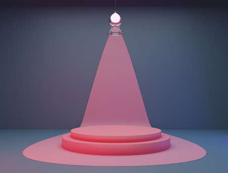 pink podium on a blue background. There are lights above.の写真素材