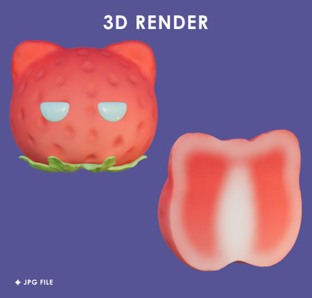 3d rendering of cat shaped strawberry on a purple background