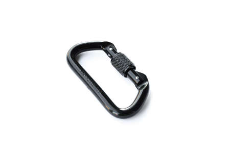Black carabiner on a white backgroundの写真素材