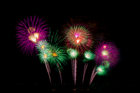 Colorful fireworks on the black sky background at pattaya international fireworks festival 2018. Thailand.のeditorial素材