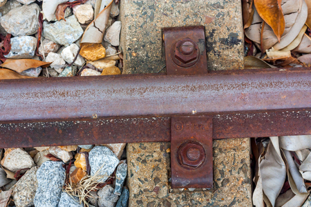Close up steel railway for trains. Railway in the train station.の写真素材
