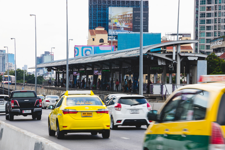 Thailand Bangkok, 5 May 2018 : The bts train arriving at Saphan Taksin station on Taksin bridge.のeditorial素材