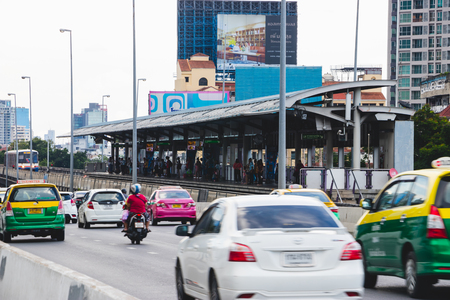 Thailand Bangkok, 5 May 2018 : The bts train arriving at Saphan Taksin station on Taksin bridge.のeditorial素材