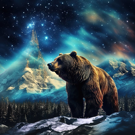 Mountain range northern lights starlit night gigantic brown bear Generative AIの素材