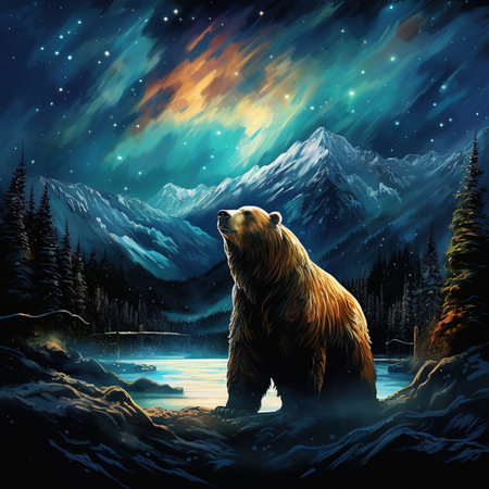 Mountain range northern lights starlit night gigantic brown bear Generative AIの素材