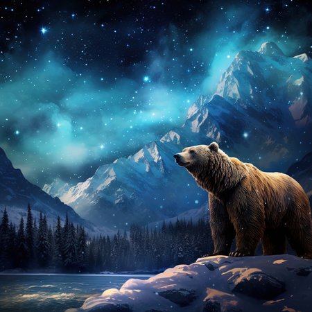 Mountain range northern lights starlit night gigantic brown bear Generative AIの素材