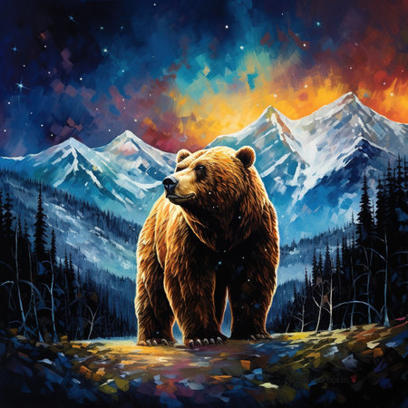 Mountain range northern lights starlit night gigantic brown bear Generative AIの素材