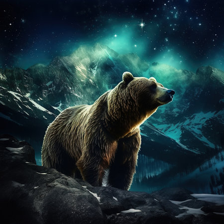 Mountain range northern lights starlit night gigantic brown bear Generative AIの素材