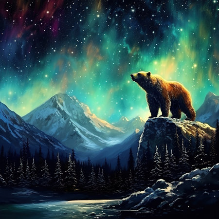 Mountain range northern lights starlit night gigantic brown bear Generative AIの素材