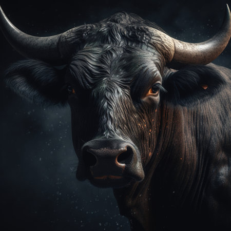 Portrait of a black cow with big horns on a black background.の素材