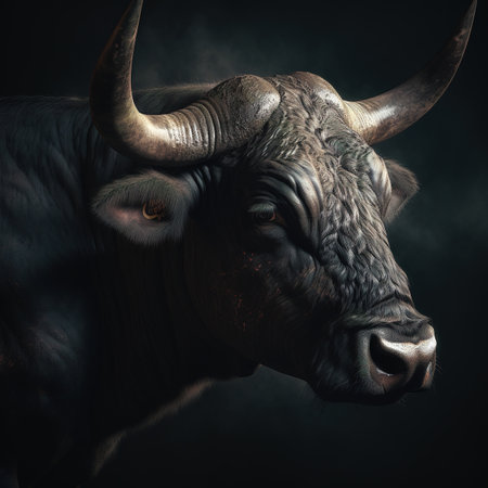 Portrait of a bull with horns and smoke on a black backgroundの素材